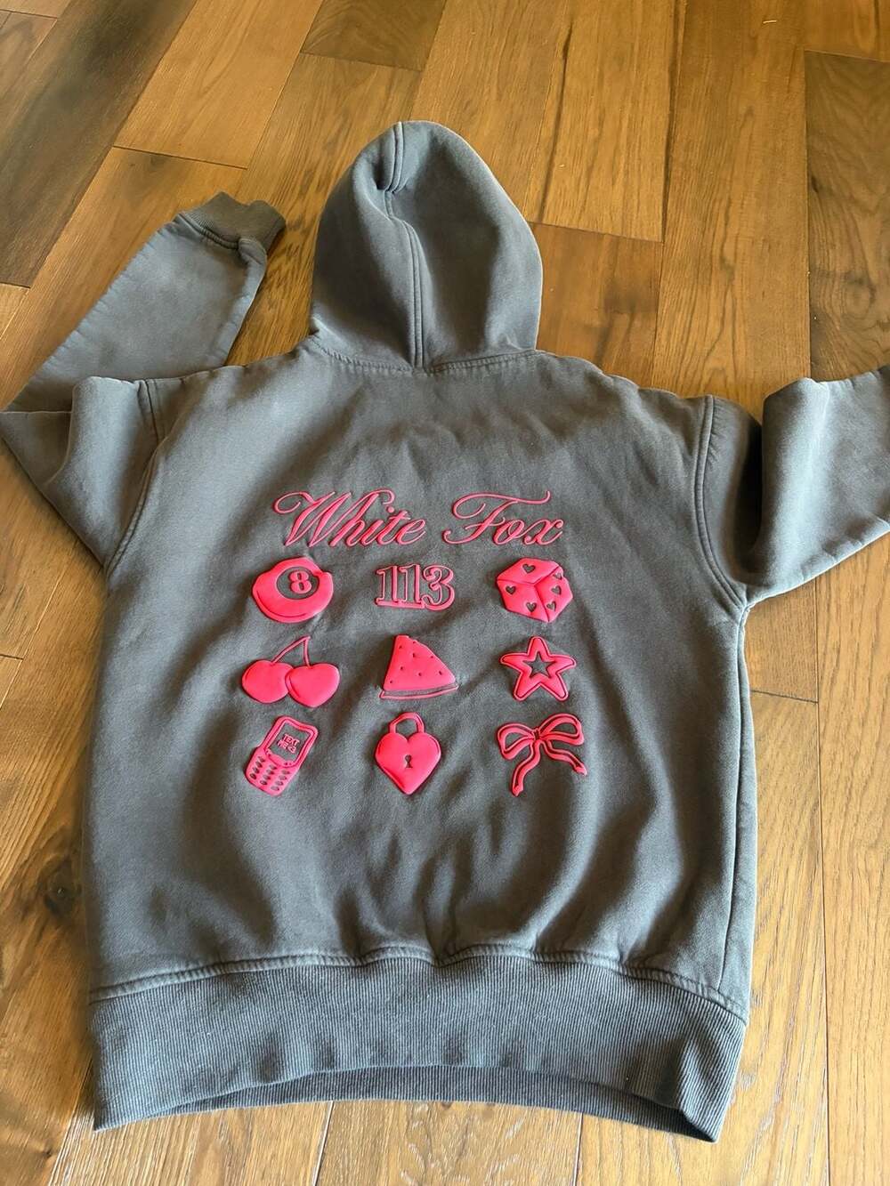 White Fox Hoodie Womens Size XXS/XS Charcoal Grey Red Pink Icons